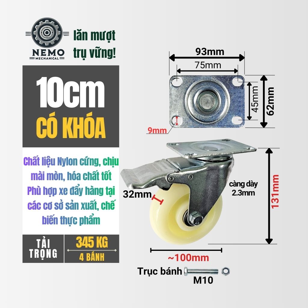 Bánh Xe Nylon Trắng Chịu Tải – Chuyên Dụng Kho Lạnh, Phòng Sạch (D75, D100, D125)